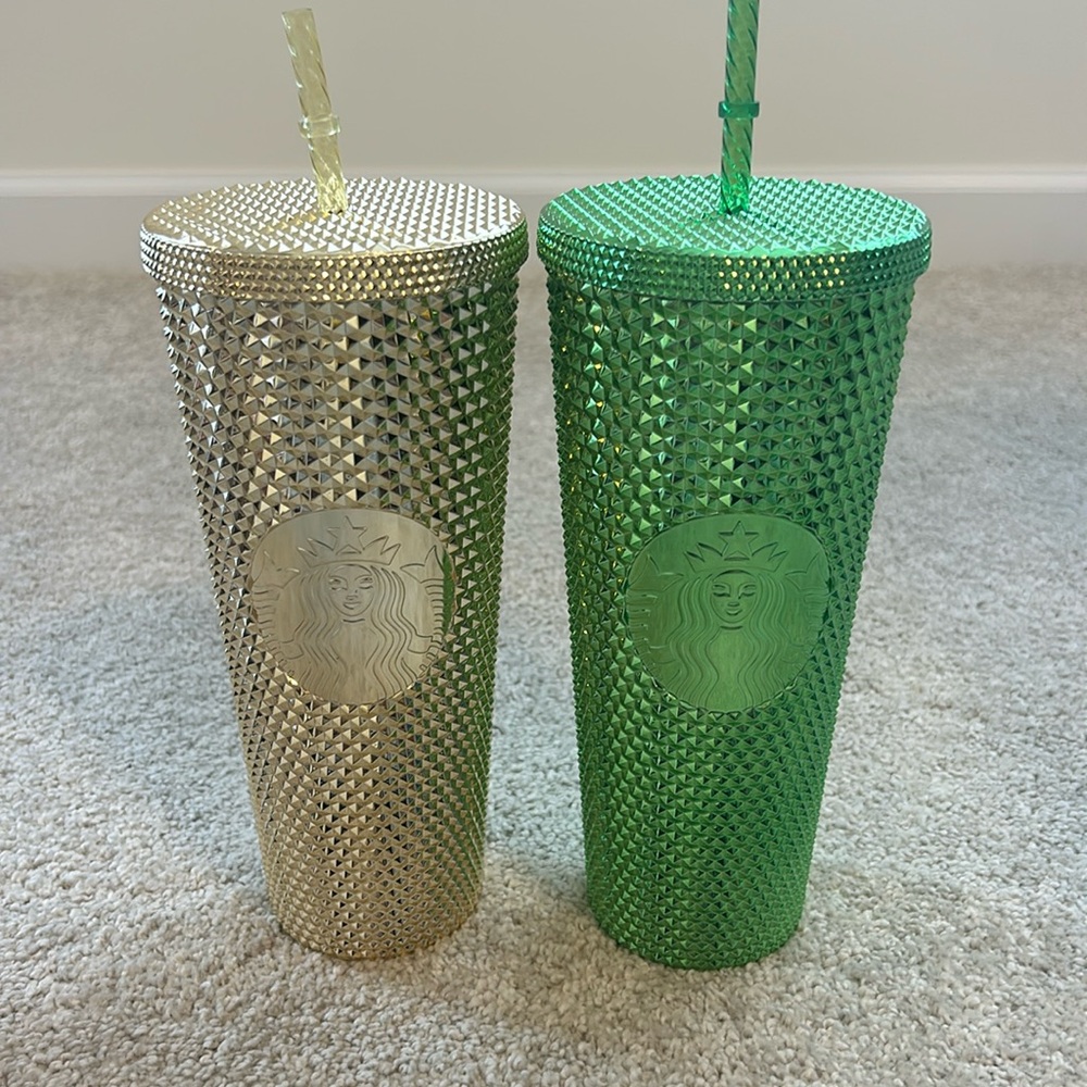 Starbucks tumbler, gold and green